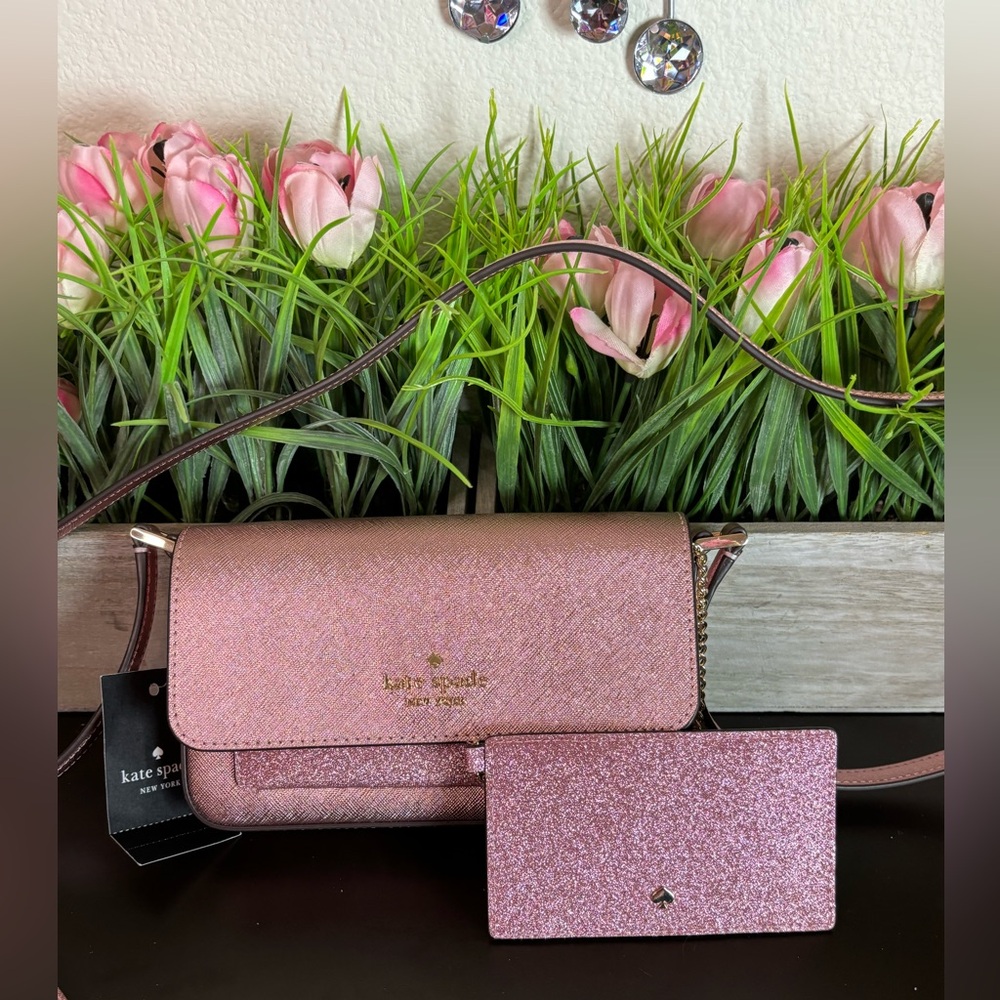 Kate spade NWT pink glitter crossbody adjustable straps and card holder & chain